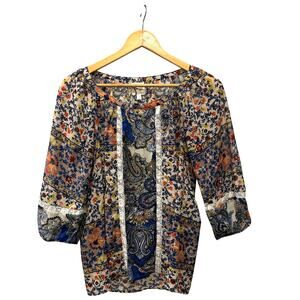 Fig and Flower Boho Sheer Patchwork Paisley Lace Trim Peasant Top M